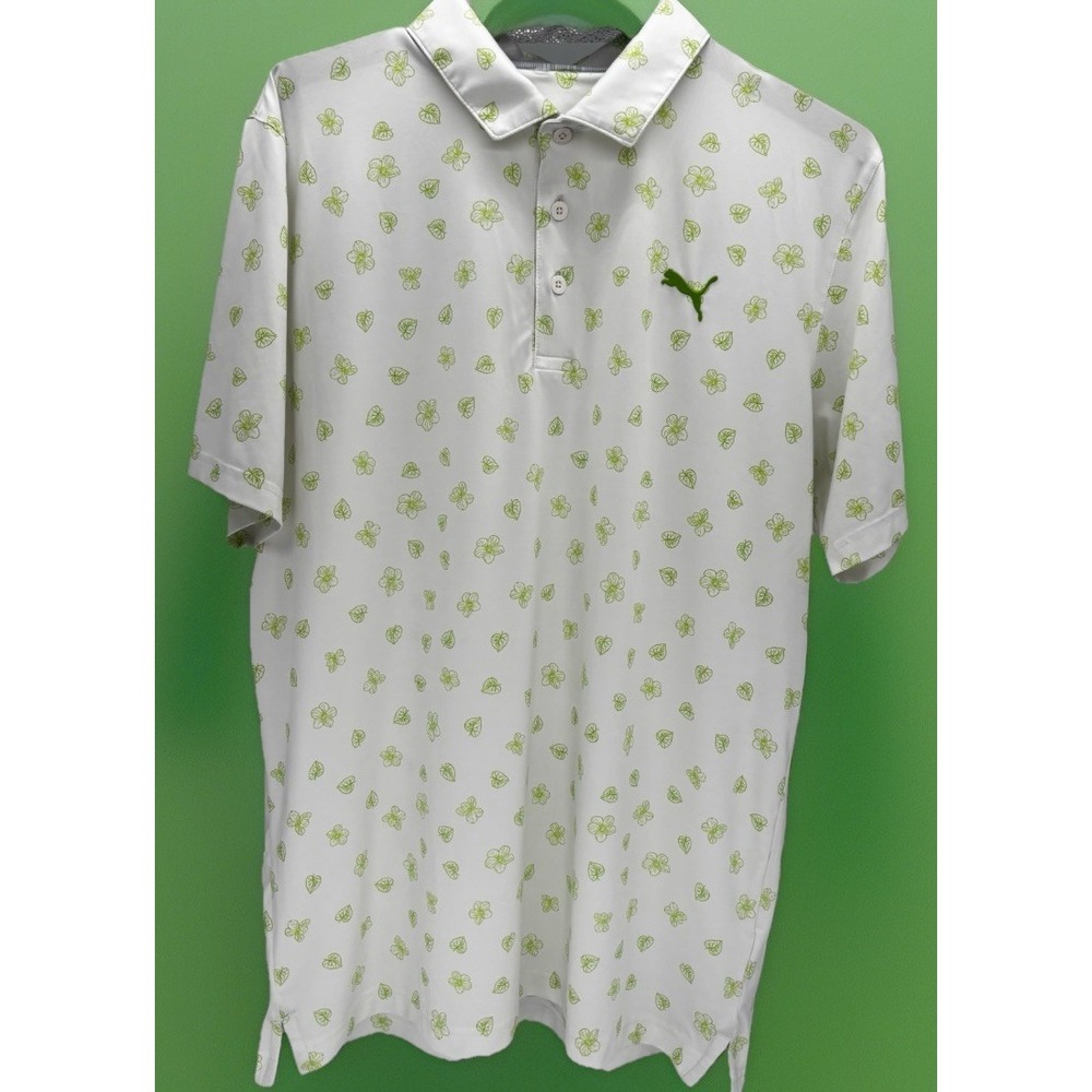 PUMA Polo Shirt Mens L White Green Floral Print Collared Short Sleeve Buttons